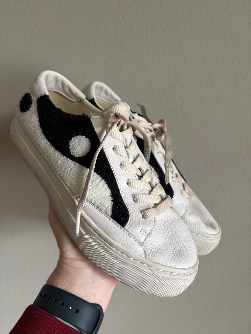 Soludos Yin Yang platform sneakers in black white leather french terry panels 9